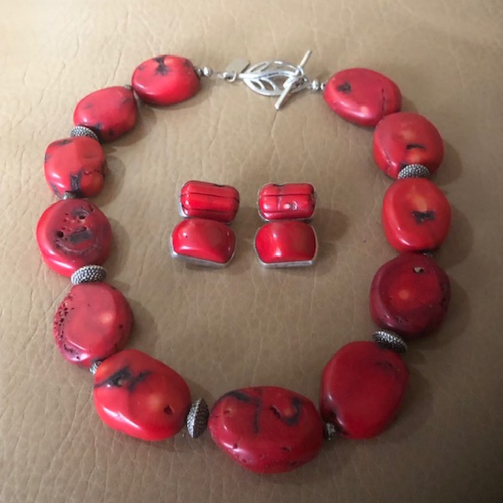 Red Coral Necklace/Choker and Clip Earrings